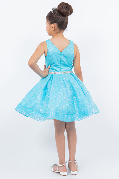 Big Girls Multi Color Glitter Mesh V Neck Short Dress 4-16